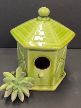 Vintage Decorative Ceramic Green Hexagon Birdhouse Accent